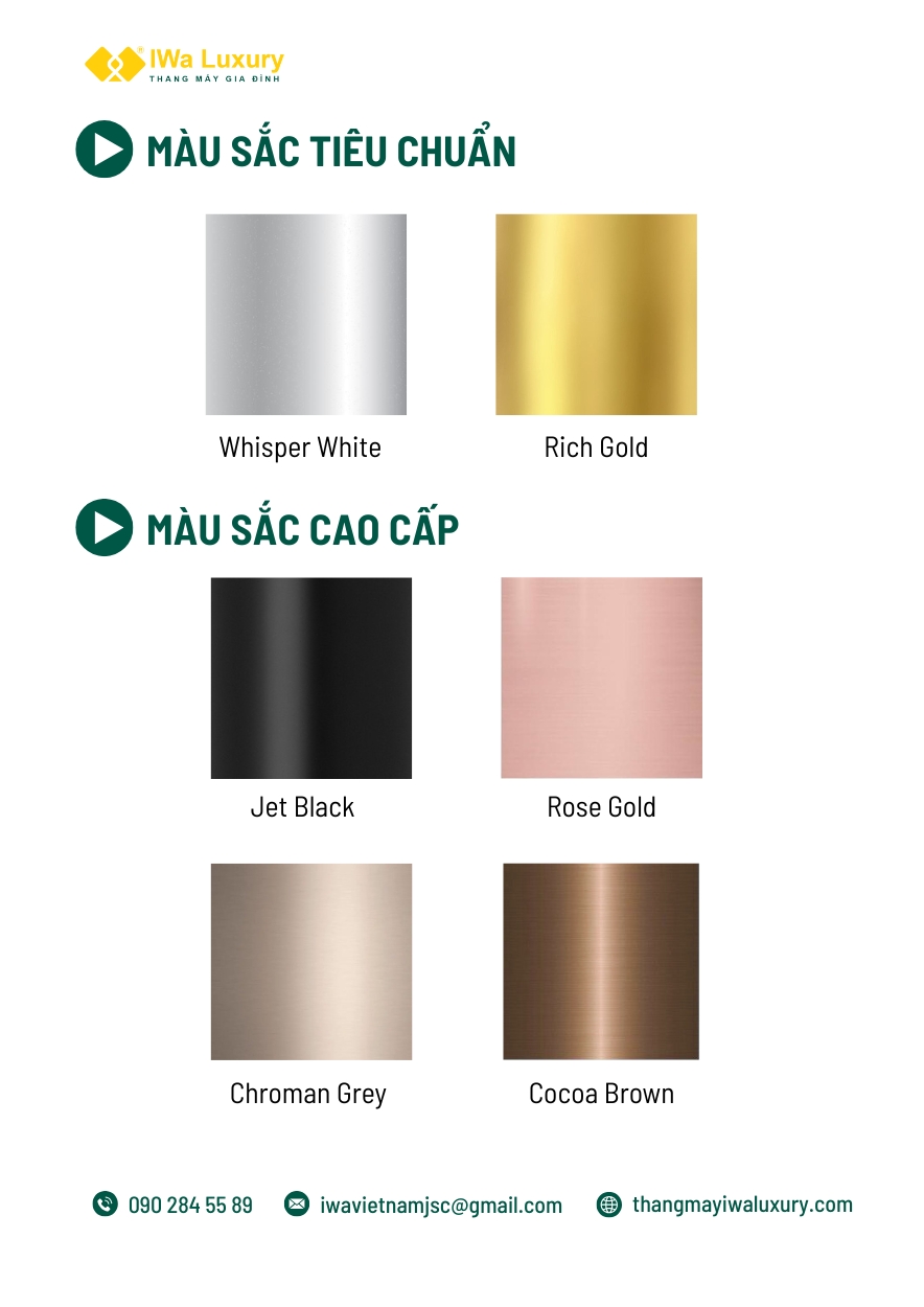 Bảng màu cabin thang máy IWa Luxury tiêu chuẩn và cao cấp