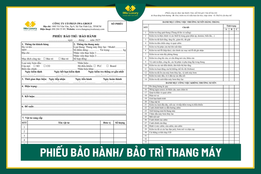 Mẫu phiếu bảo hành v bảo trì thang máy có danh mục kiểm tra định kỳ