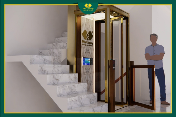 Thiết kế vị trí lắp đặt thang máy gia đình IWa Luxury phù hợp cầu thang bộ giúp tiết kiệm diện tích cho nhà phố.