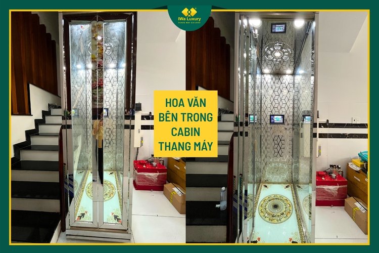 Cabin kính thang máy thủy lực khung inox màu tối