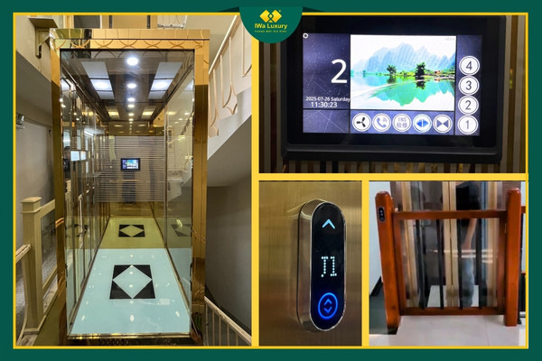 Chi tiết thang máy IWa Luxury với cabin kính sang trọng, bảng điều khiển cảm ứng và màn hình hiển thị hiện đại.
