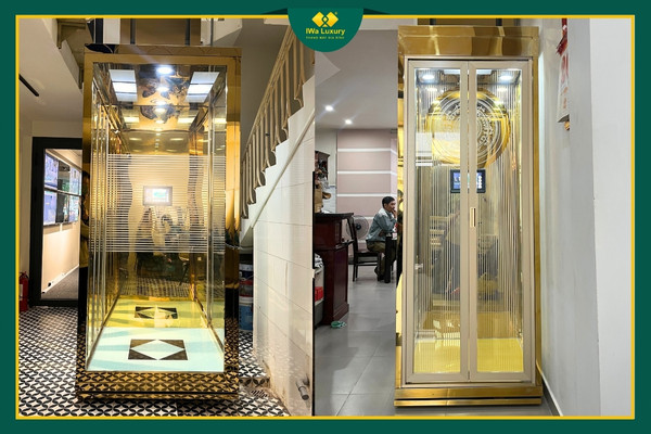 Thang máy gia đình IWa Luxury màu vàng đồng sang trọng, thiết kế tinh tế, phù hợp nhà phố và biệt thự hiện đại.