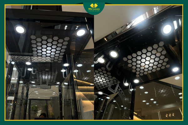 Trần cabin thang máy IWa Luxury được lắp đặt hệ thống đèn LED hiện đại, tạo không gian sang trọng và tinh tế.