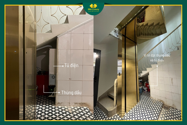 Vị trí đặt thùng dầu và tủ điện thang máy thủy lực IWa Luxury