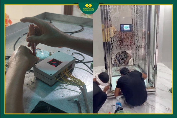 Kỹ thuật viên IWa Luxury bảo trì và kiểm tra hệ thống điện thang máy gia đình.