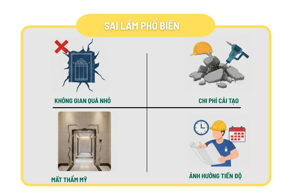 Bốn sai lầm phổ biến khi chừa hố thang thang máy với kích thước không đúng chuẩn.