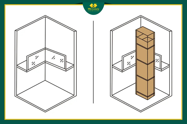 Không gian cầu thang trước và sau khi lắp đặt thang máy tại vị trí ở ở không gian trống.