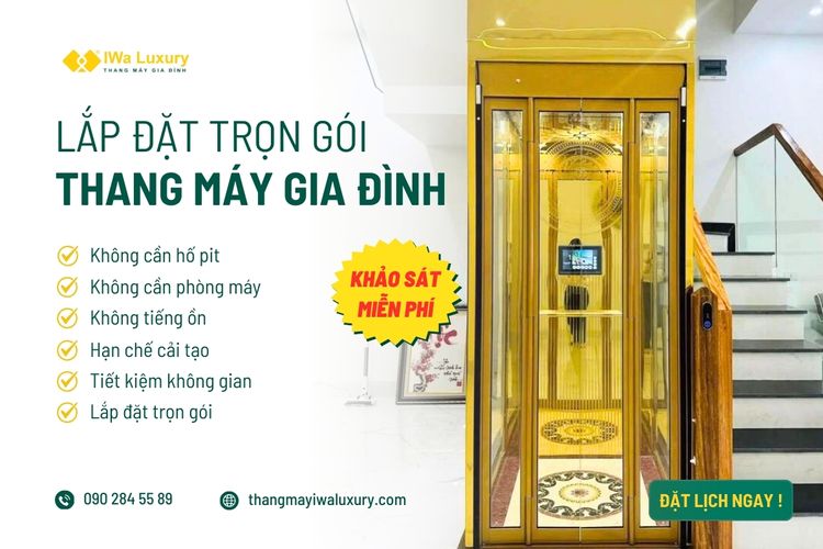 Thang máy gia đình IWa Luxury công nghệ thủy lực, thiết kế kính khung vàng, lắp đặt gọn trong nhà.