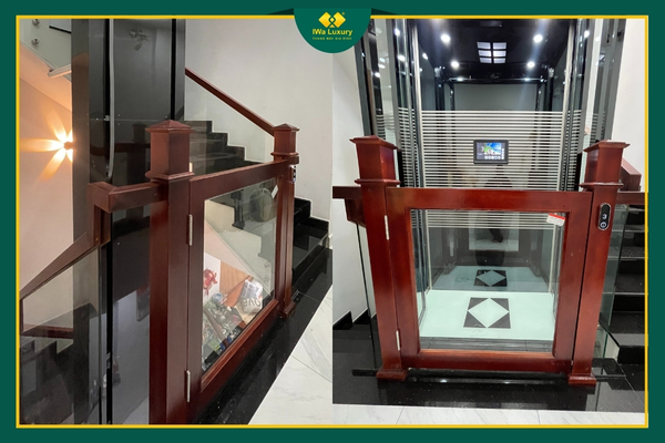 Cửa tầng thang máy gia đình nhỏ gọn, tích hợp lan can an toàn