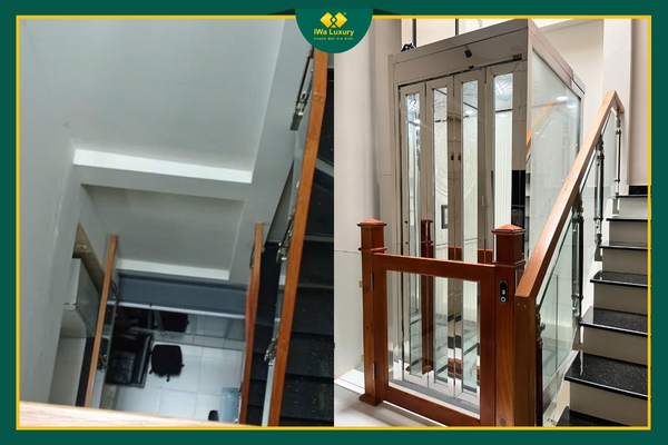 Thang máy trong nhà phố với thiết kế gọn gàng và tối ưu diện tích cầu thang.