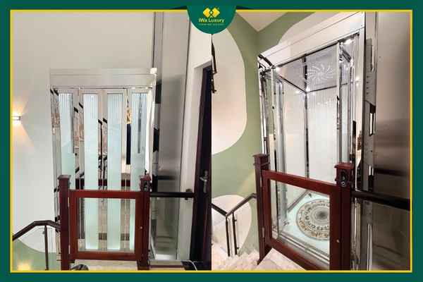 Thang máy gia đình với cabin inox trắng gương sang trọng.
