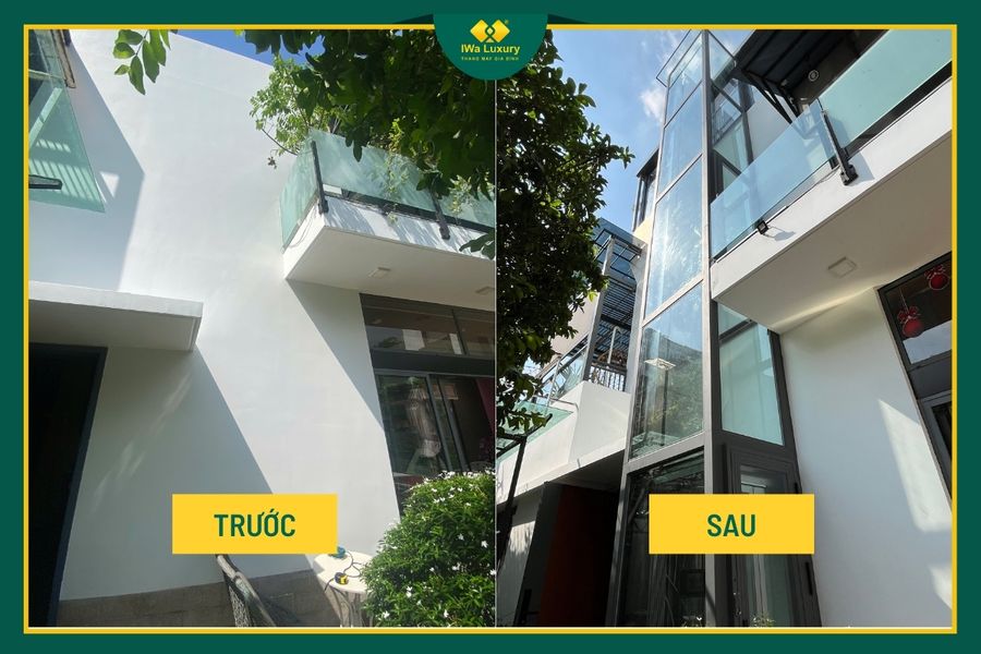 Ảnh trước và sau khi lắp thang máy ngoài trời trong khuôn viên nhà