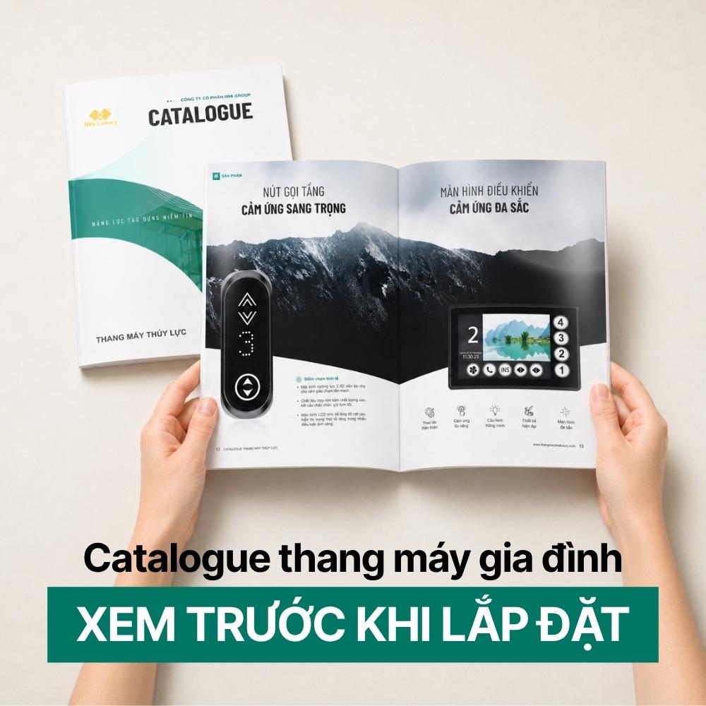 Catalogue thang máy IWa Luxury được trình bày dạng mockup mở trang sản phẩm, tạo cảm giác chuyên nghiệp và chân thật.